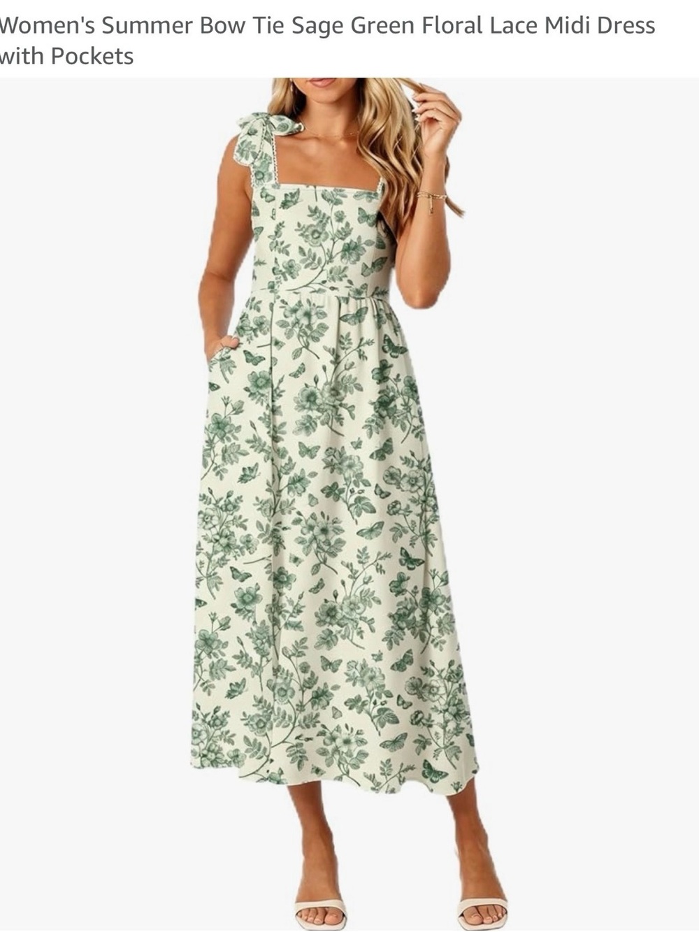 Women's Summer Bow Tie Sage Green Floral Lace Midi Dress with Pockets